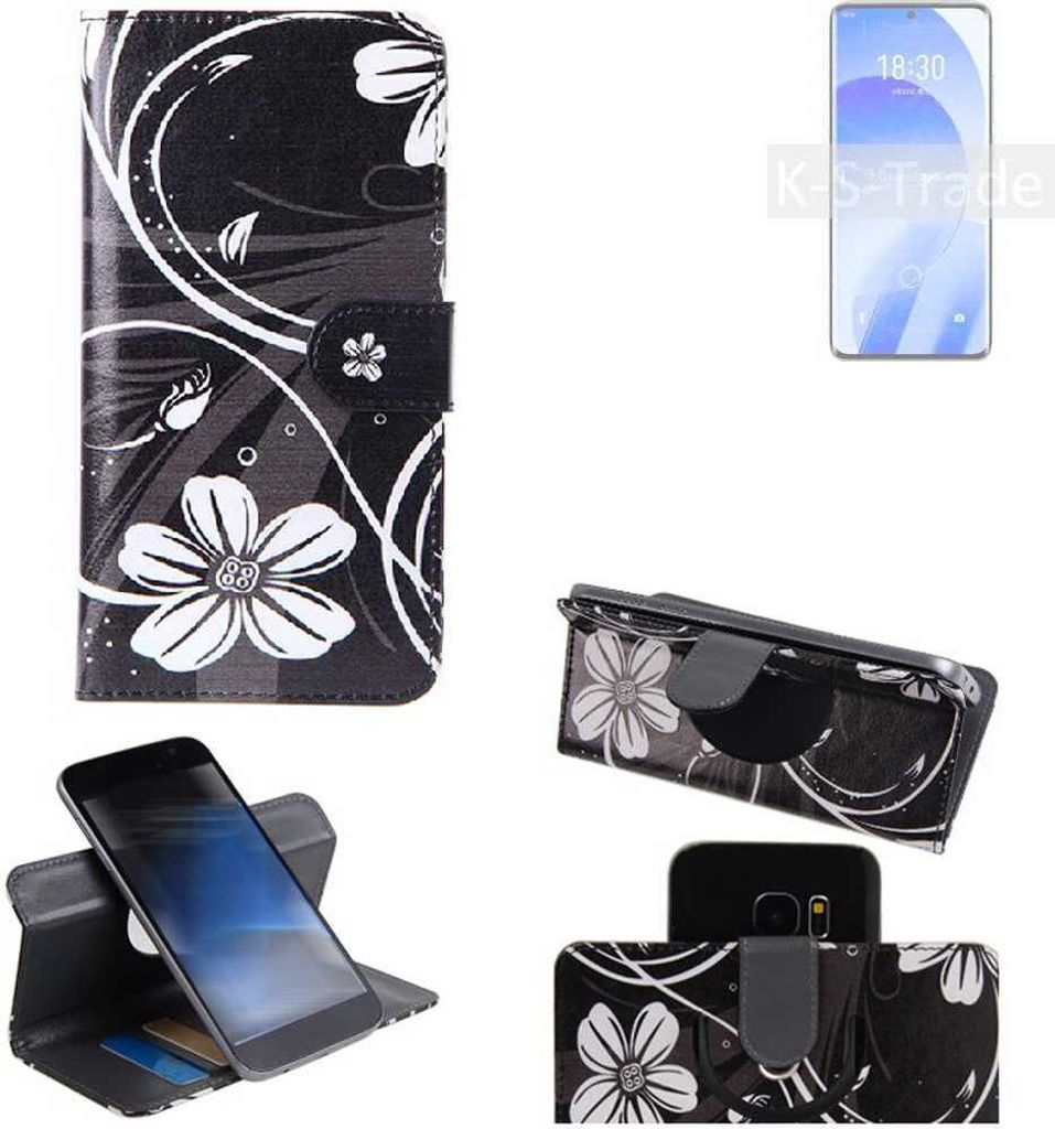 K-S-Trade Schutzhülle Handyhülle kompatibel mit Meizu 18s Hülle 360° Wallet Case ''Flowers'' Klapphülle Hülle schwarz-weiß 1x