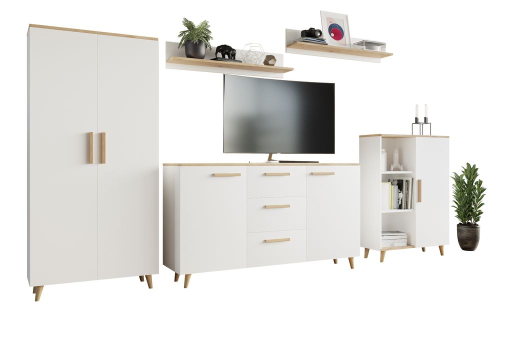 A set of modern white living room furniture with wood accents, including a tall cabinet, a media console with drawers and cabinets, and a smaller cabinet with shelves. Two shelves are mounted on the wall above the media console, displaying decorative items