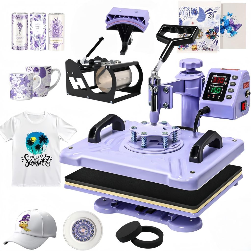 Transferpresse 12x15, Kombi mit 3 DTF, Sublimationspapier, Becher-Presse 20oz, Digital 5-in-1 T-Shirt Transferpresse, Lila