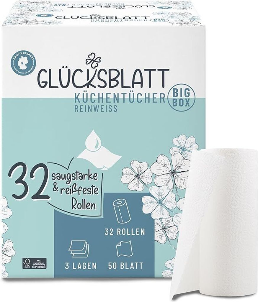 Glücksblatt Küchentücher, 32 Rollen á 50 Blatt, 3-lagige Küchenrollen Großpackung, plastikfrei, nachhaltig, Haushaltsrollen, Allzwecktücher