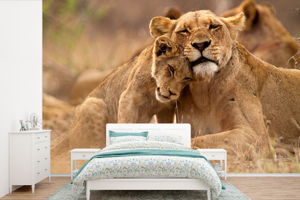 MuchoWow Fototapete für Wohnzimmer oder Schlafzimmer Wandtapete Vinyl Motivtapete Löwe - Wilde Tiere - Jungtier - 330x220 cm - Fototapeten