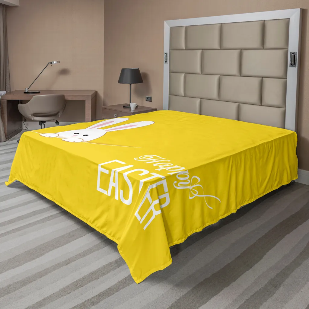 Drap de Dessus Imprimé Lapin de Pâques Jaune en Tissu Doux Lit Double