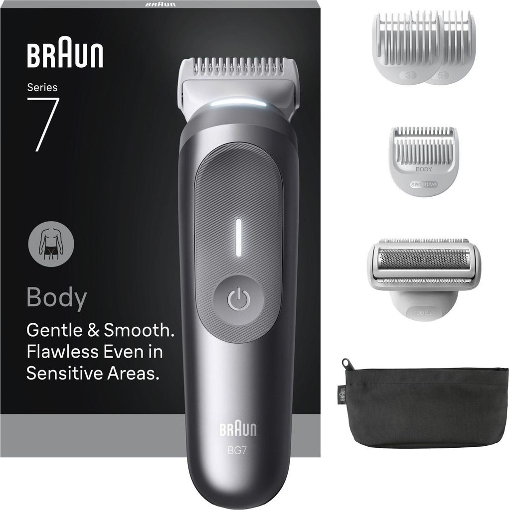 A product shot of a Braun Series 7 Body Groomer and its accessories, presented on a dark background with text describing its features.