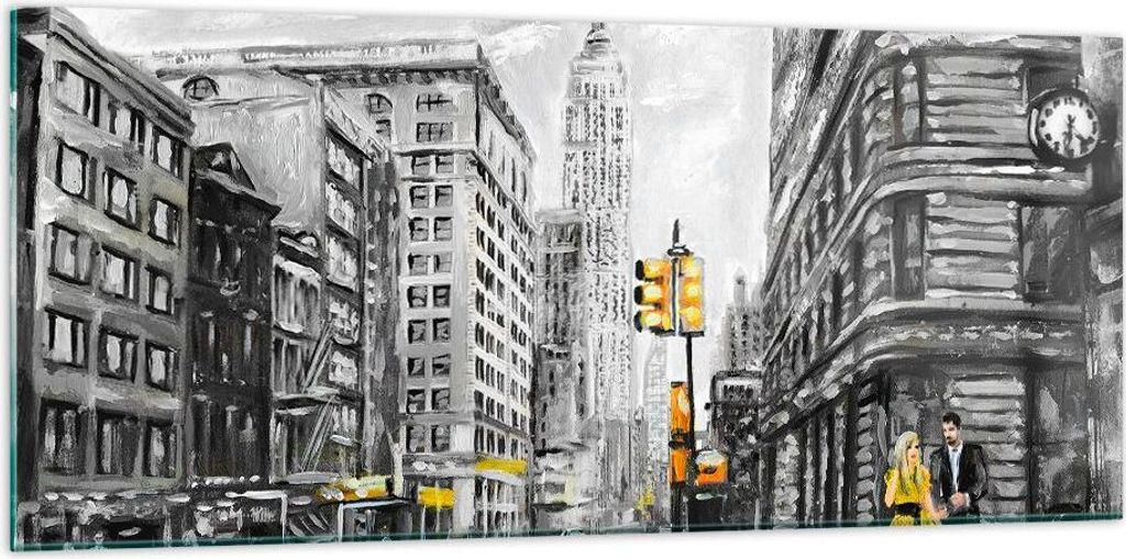 Bilder auf glas - Stadt Taxi Wolkenkratzer Illustration - 120x50cm - Glasbilder - Wandbilder - Kunstdruck - Wanddekoration aus Glas - Glas Bilder -...