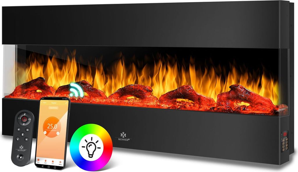 KESSER Wandkamin Elektrokamin 3D Elektrischer Kamin mit Heizung 9 Farbmodi LED Flammeneffekt, 900/1800 W Kaminofen Wand und Einbaukamin Wandmonta...