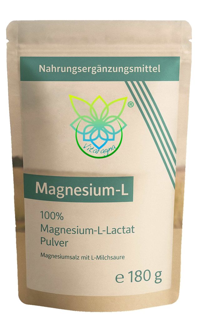VITARAGNA Magnesium L-Lactat Pulver, Magnesiumsalz mit L-Milchsäure, 180 g vollständig umgesetztes Magnesium als leicht lösliches Magnesiumlactat