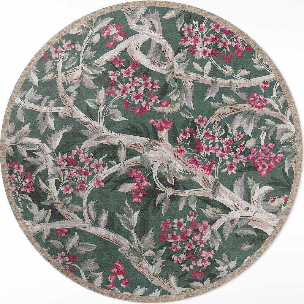 Zweige mit Blättern und Vintage-Blumen – Vinyl Fußmatte – Ø 90cm – Rutschfest – Pflegeleicht & Langlebig