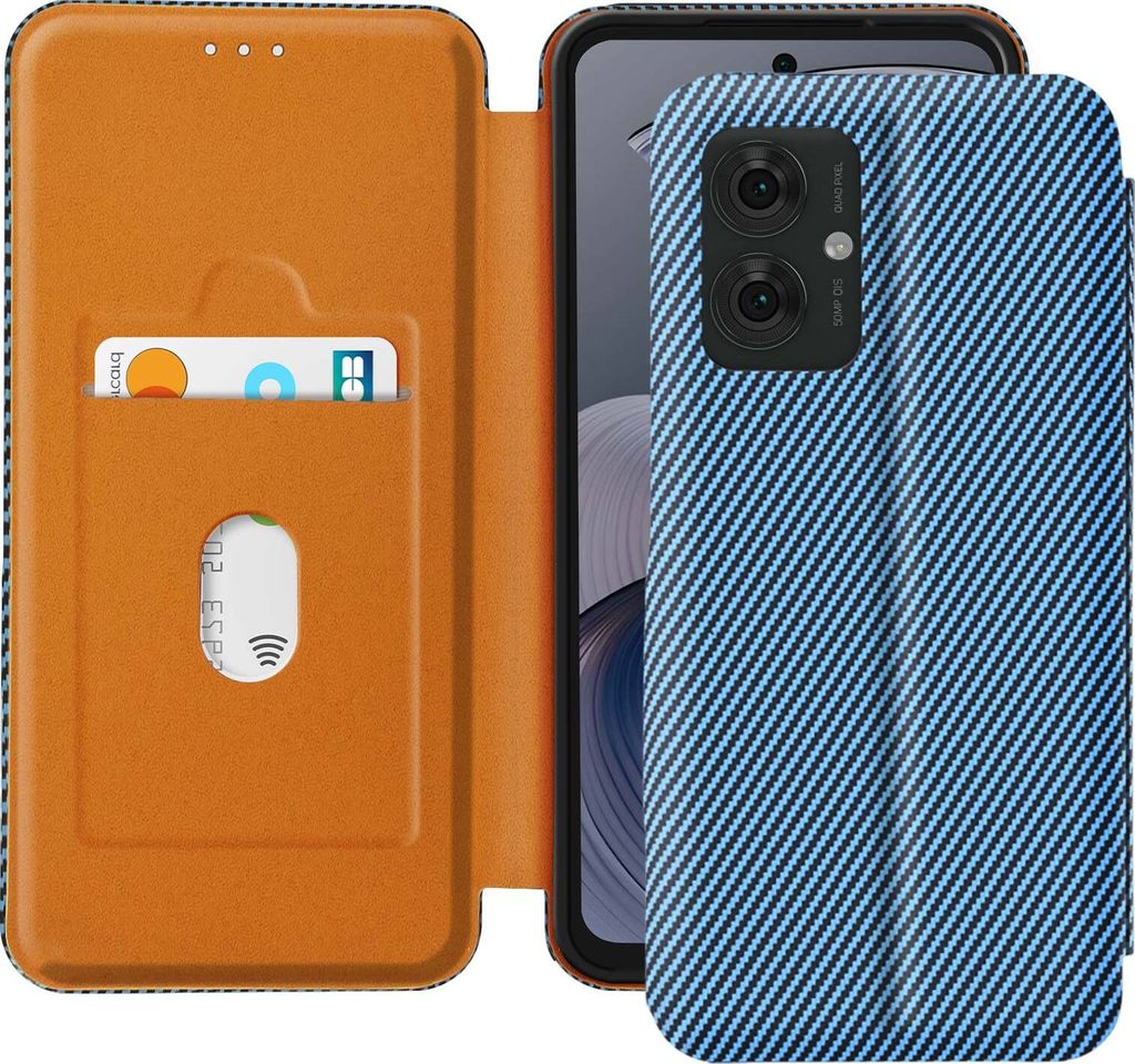 Avizar, Etui für Motorola Moto G55 Carbon Design, Video-Ständer & RFID-Blocker, Blau
