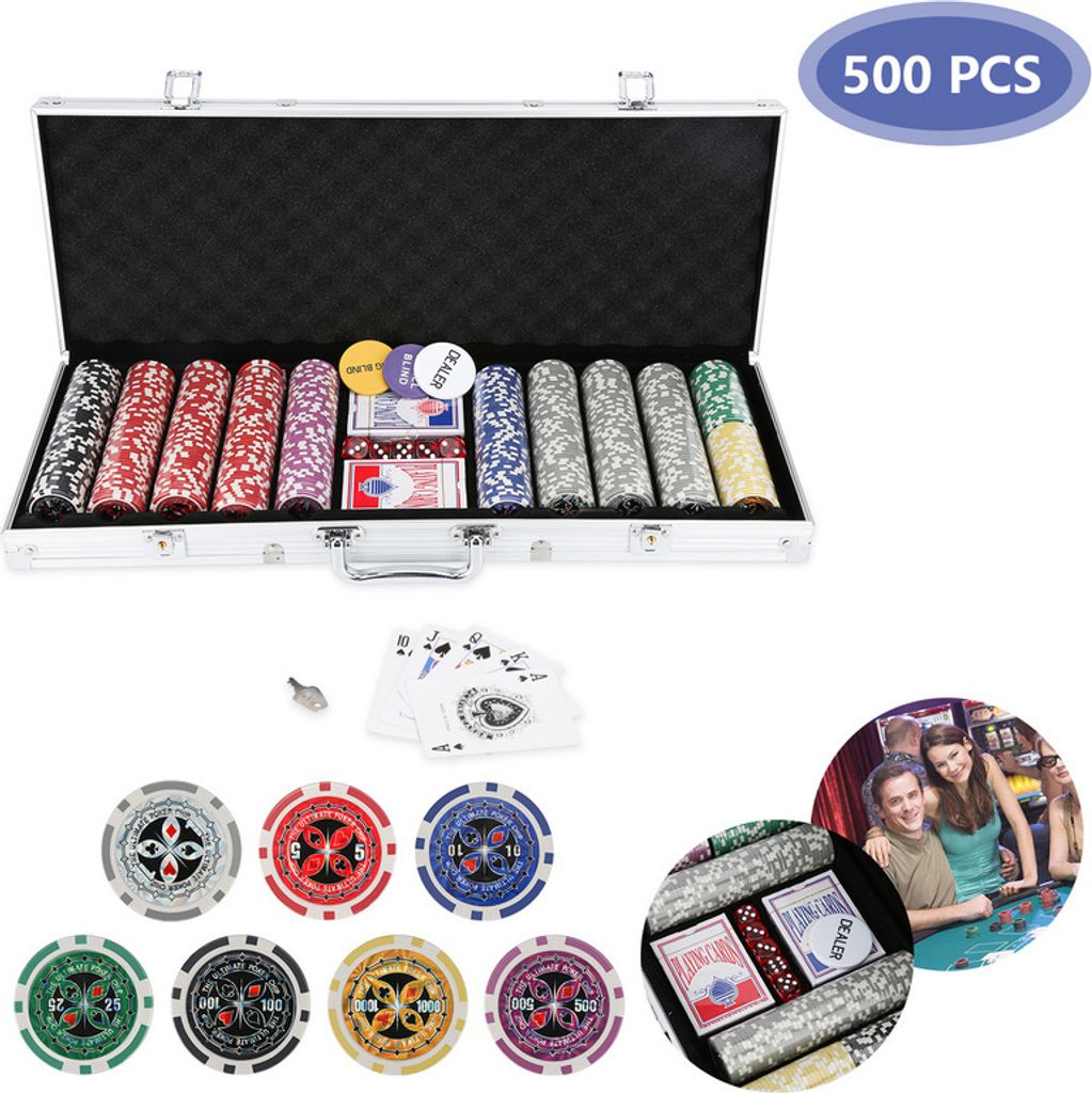 Clanmacy Pokerkoffer Pokerset 500 Pokerchips Poker Set Pokerspiel Pokerspiel Silber