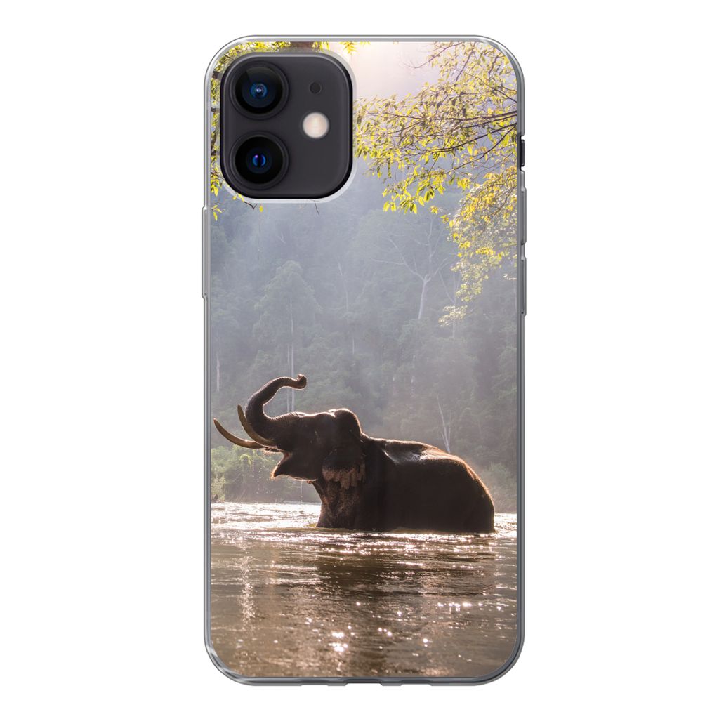 MuchoWow Handyhülle Schutzhülle Hülle für iPhone 12 Elefant - Wasser - Tiere - Bäume - Sonne Silikon Softcase Handy Hülle - Schutzhülle