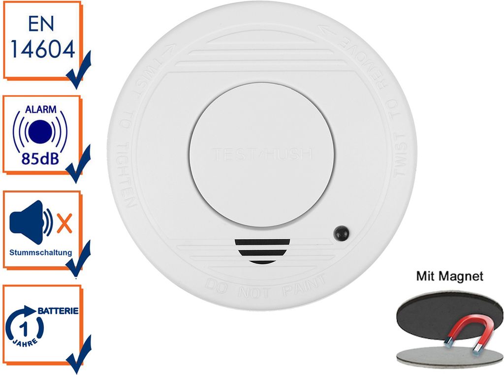 Rauchmelder mit 1 Jahres Batterie - Stummschaltfunktion + Magnethalter