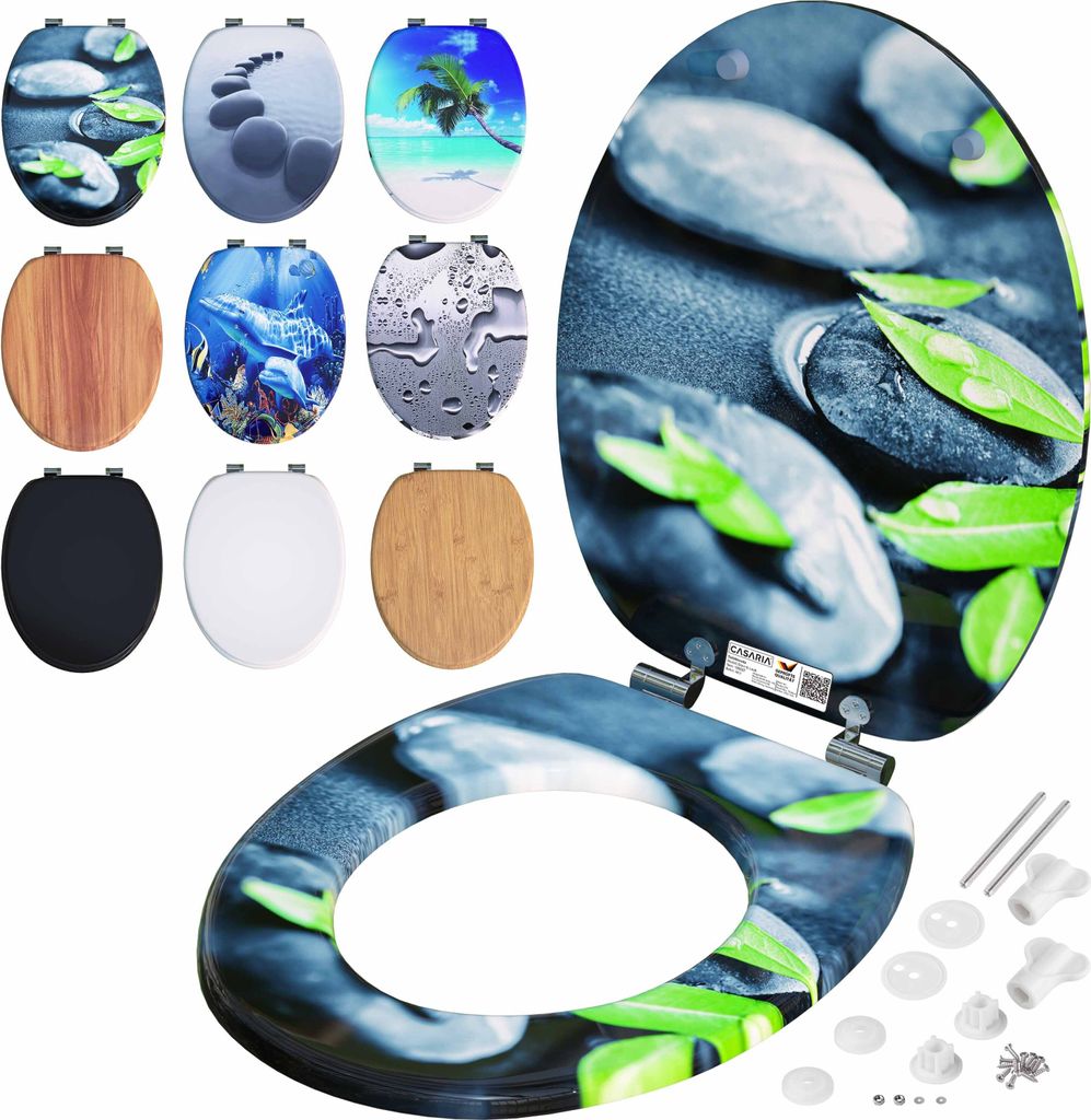 A collage of toilet seats with various designs, including nature scenes and solid colors, along with some mounting hardware.