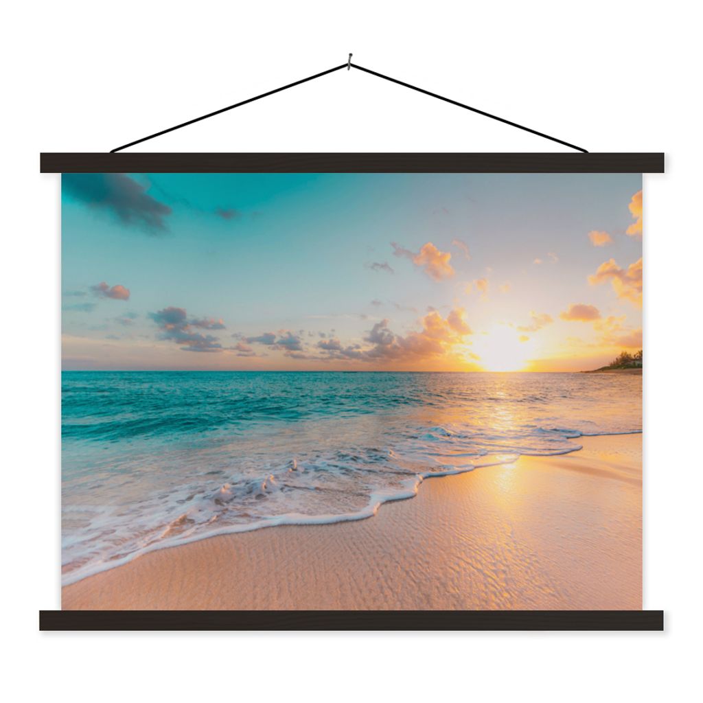MuchoWow Textilposter Sonnenuntergang - Strand - Meer - Sommer - Blau 40x30 cm mit schwarzem Rahmen - Dekorationen