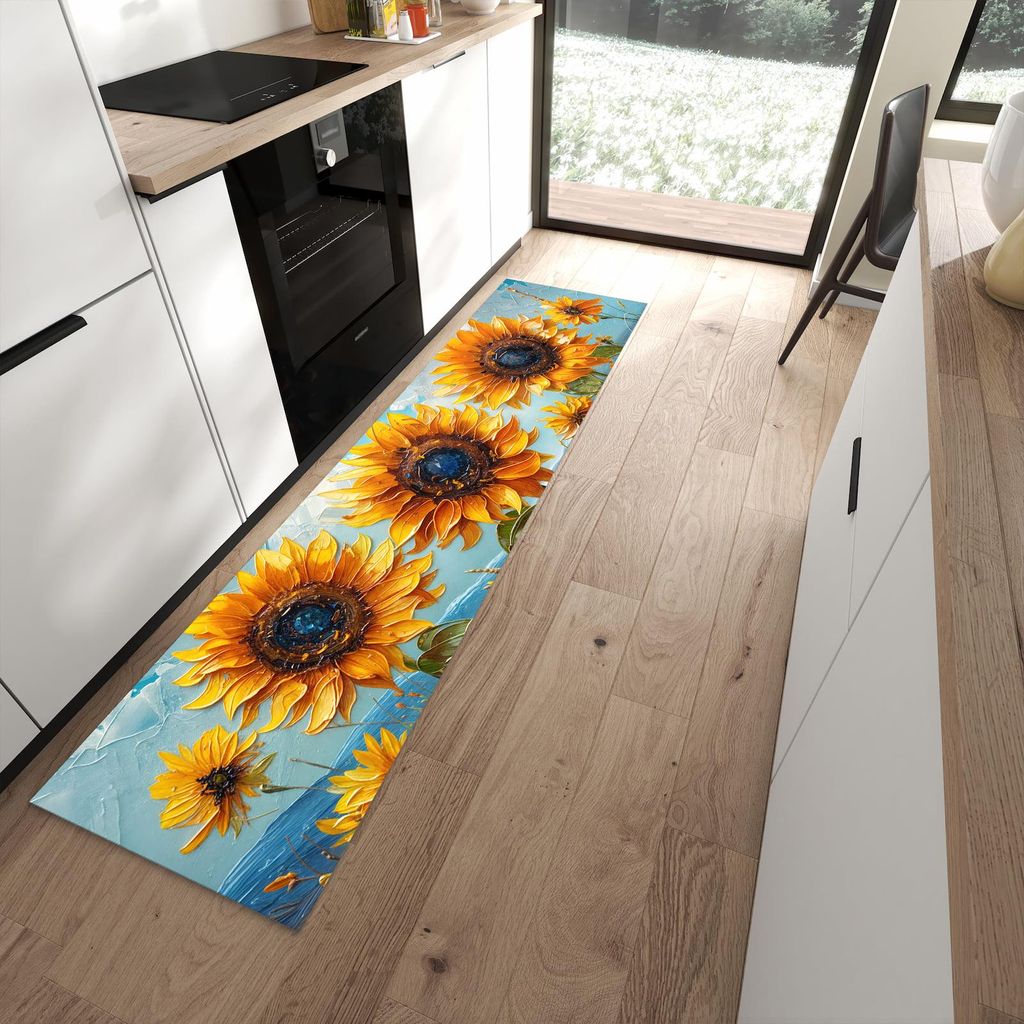 Küchenteppich 60x240cm rutschfest & abwischbar PVC Läufer - Sonnenblumenwiese