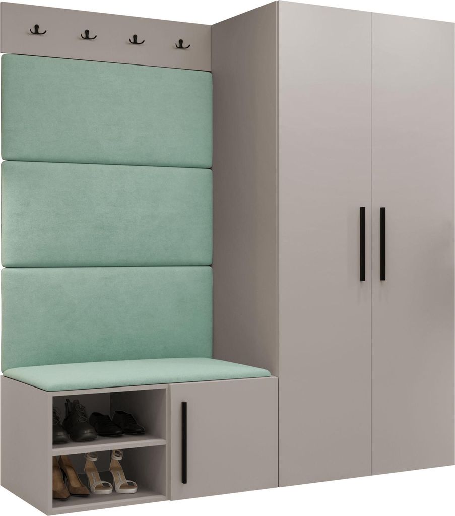 MIRJAN24 Garderoben-Set Medi I, Schuhschrank, Kleiderhakenbrett, 4x Paneel 84x42, 4 Kleiderhaken (Farbe: Cashmere, Manila 11)