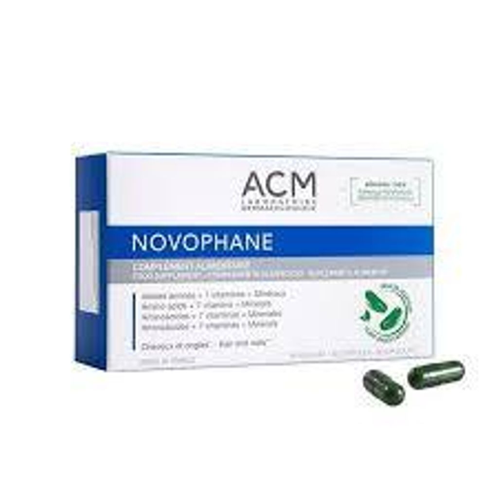 A box of ACM Novophane hair and nail capsules with two capsules in the foreground.