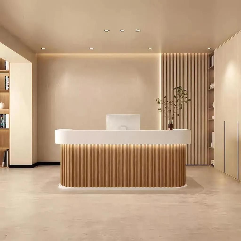 Reception Desk, Bar Counter, Rounded Corner Design, Vertical Stripe Pattern, Salon, Hotel, Store Front Desk Braun 170×60×100cm 【Baise+yuanmuse1...