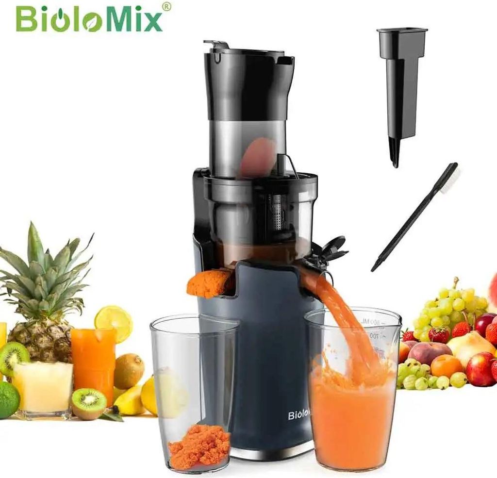 Slow Juicer Kaltentsafter - SJ-017 - Breiter Einfüllschacht 78 mm - Motor 200 W - 40–65 U/min - Für ganzes Obst - EU‐Stecker - Blau