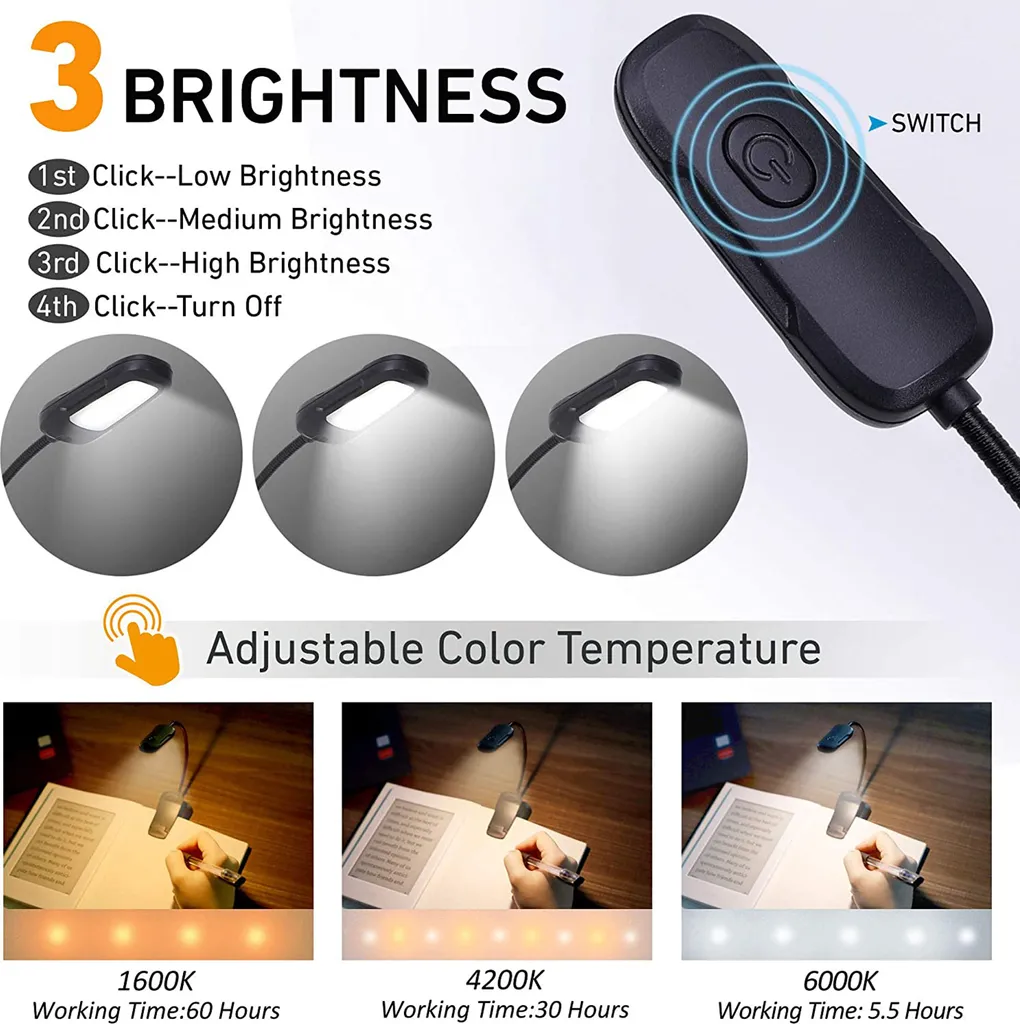 Luci di lettura per libri a letto Lampada portatile a clip a LED ricaricabile via USB Protezione degli occhi in 3 colori e 3 luminosità e collo d'oca flessibile Indicatore di alimentazione Perfetto per gli amanti dei libri bambini - 5