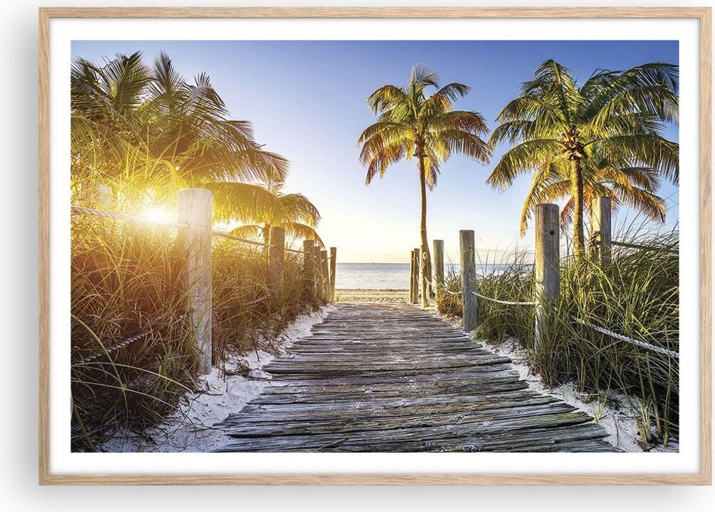 Gerahmtes Poster - Rahmen in heller Eiche - Strand Palmen Produktbild 
