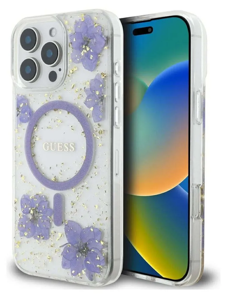 Custodia Guess Resin Flowers MagSafe per iPhone 16 Pro Max Viola