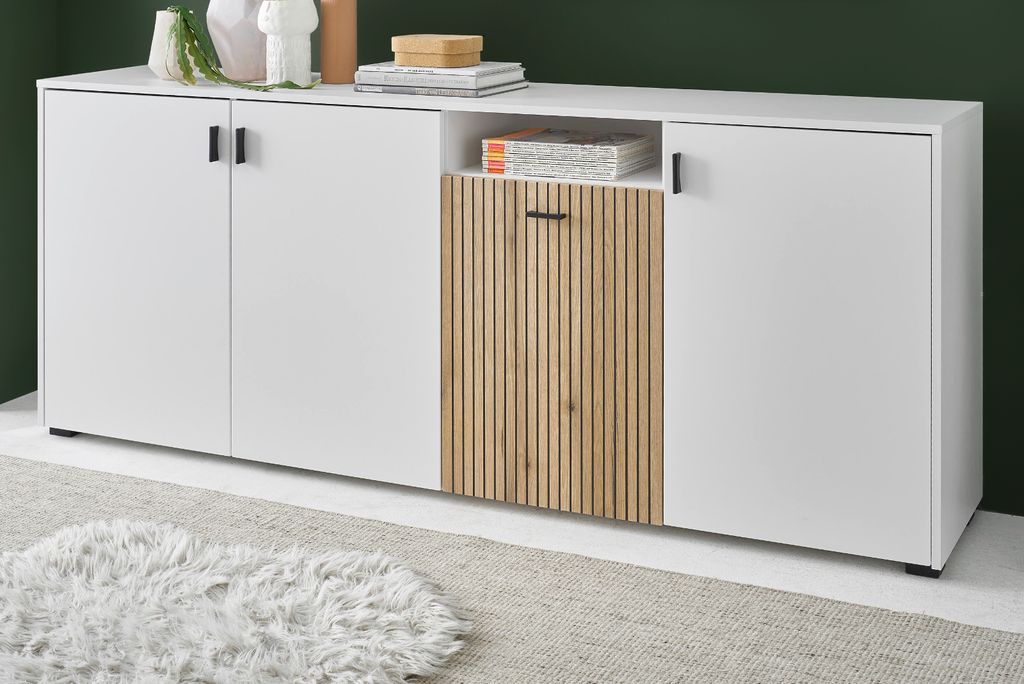 Sideboard "Merced" Kommode weiß mit Eiche 200 cm, Soft-Close-Funktion und Staboptik