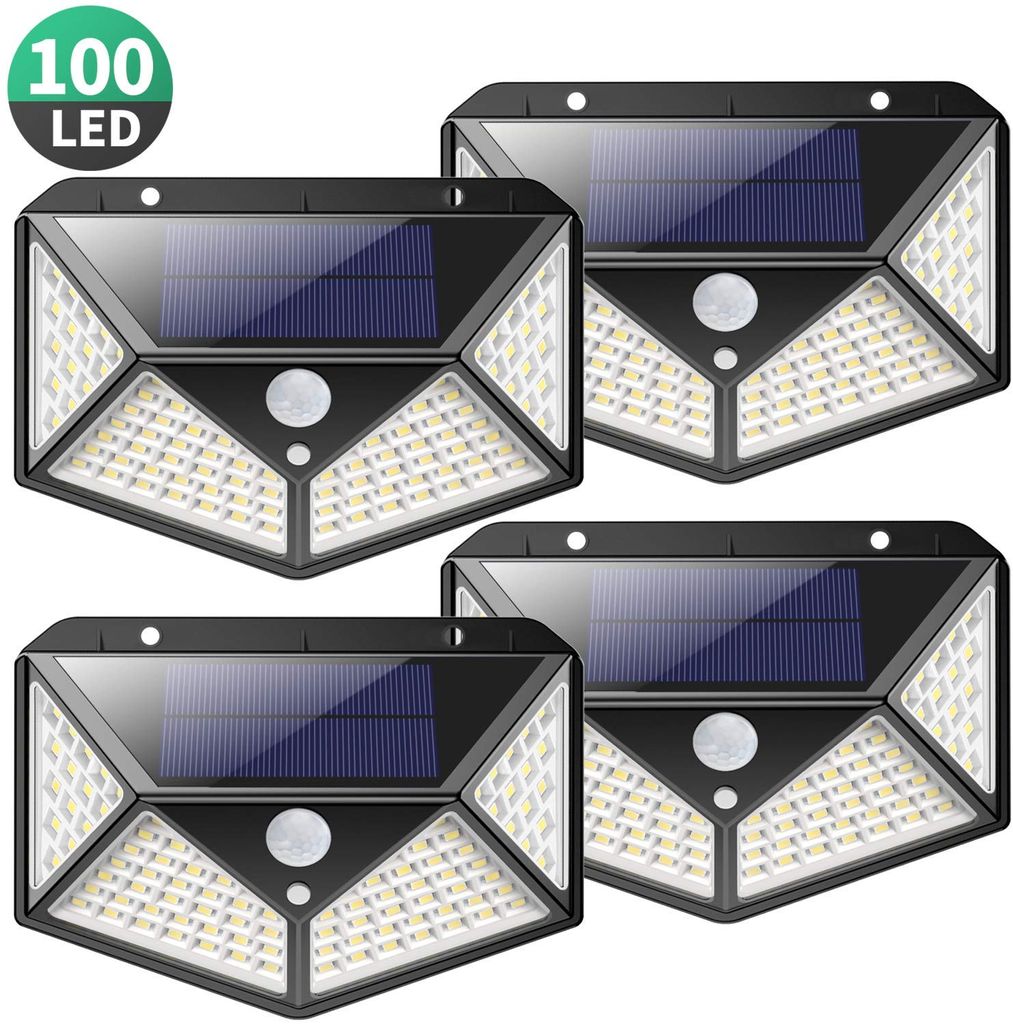 100 LED Solarleuchte Solarlampe Bewegungsmelder Außen Fluter Sensor Strahler 4x 