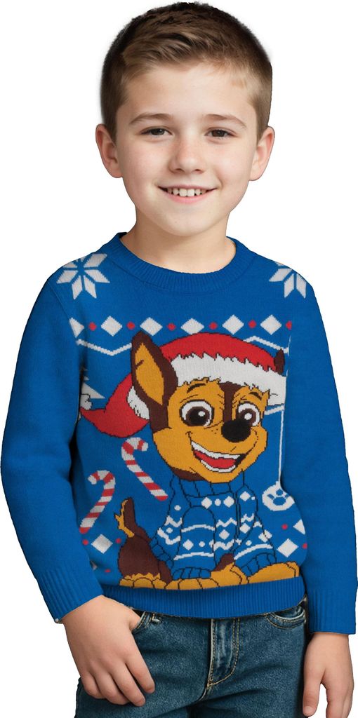 Paw Patrol Winterpullover für Jungen - Chase Winter Strick Pullover Sweatshirt Ugly Sweater Blau 122-128