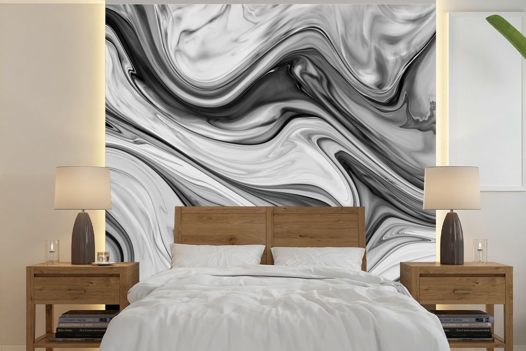 MuchoWow Fototapete für Wohnzimmer oder Schlafzimmer Wandtapete Vinyl Motivtapete Marmor - Muster - Grau - Marmoroptik - Schwarz - 280x280 cm - ...