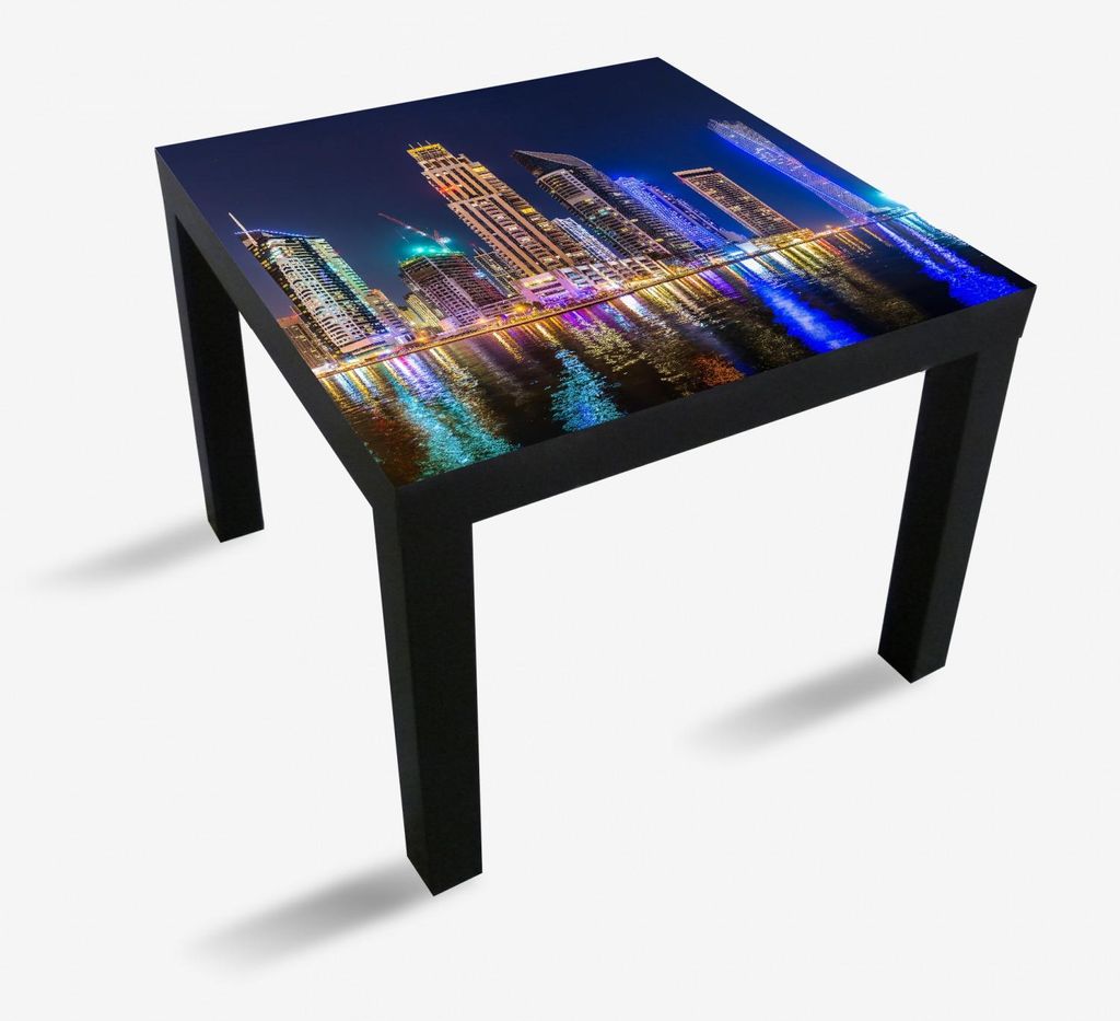 Wallario Möbeldesign / Aufkleber, geeignet für Ikea Lack Tisch - Skyline am nächtlichen Hafen in 55 x 55 cm