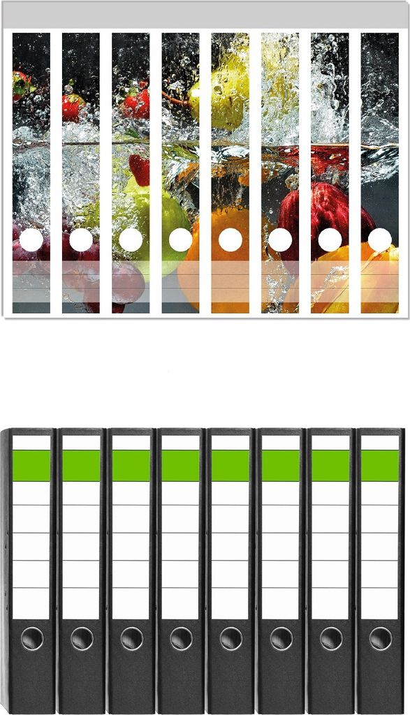 Wallario 8 Stück schmale Ordner inkl. Klebeetiketten mit Motive Früchte im und unter Wasser - Splashing Fruits - Set mit Rückenschildern / Ordn...
