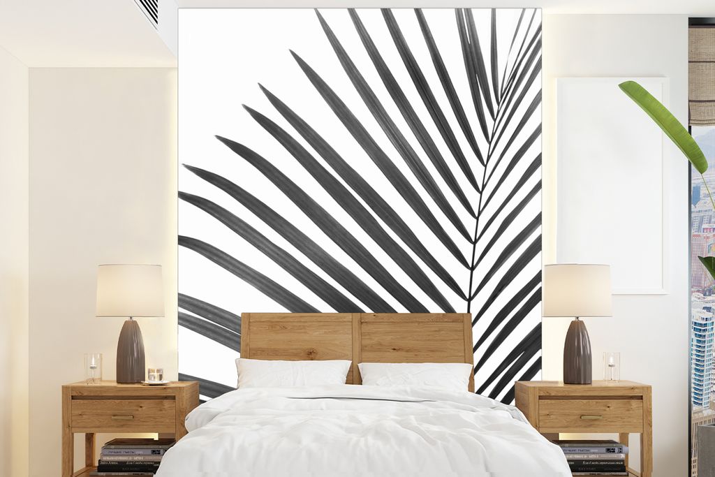 MuchoWow Fototapete für Wohnzimmer oder Schlafzimmer Wandtapete Vinyl Motivtapete Pflanze - Schwarz und weiß - Natur - Blatt - 175x240 cm - Sch...