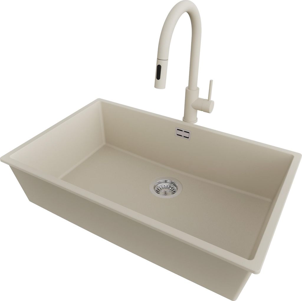 PRIMAGRAN Granitspüle Beige 76x47cm, Spülbecken 1 Becken + Küchenarmatur 40x20cm + Ablauf-Set, Küchenspüle ab 80er Unterschrank - London Slim