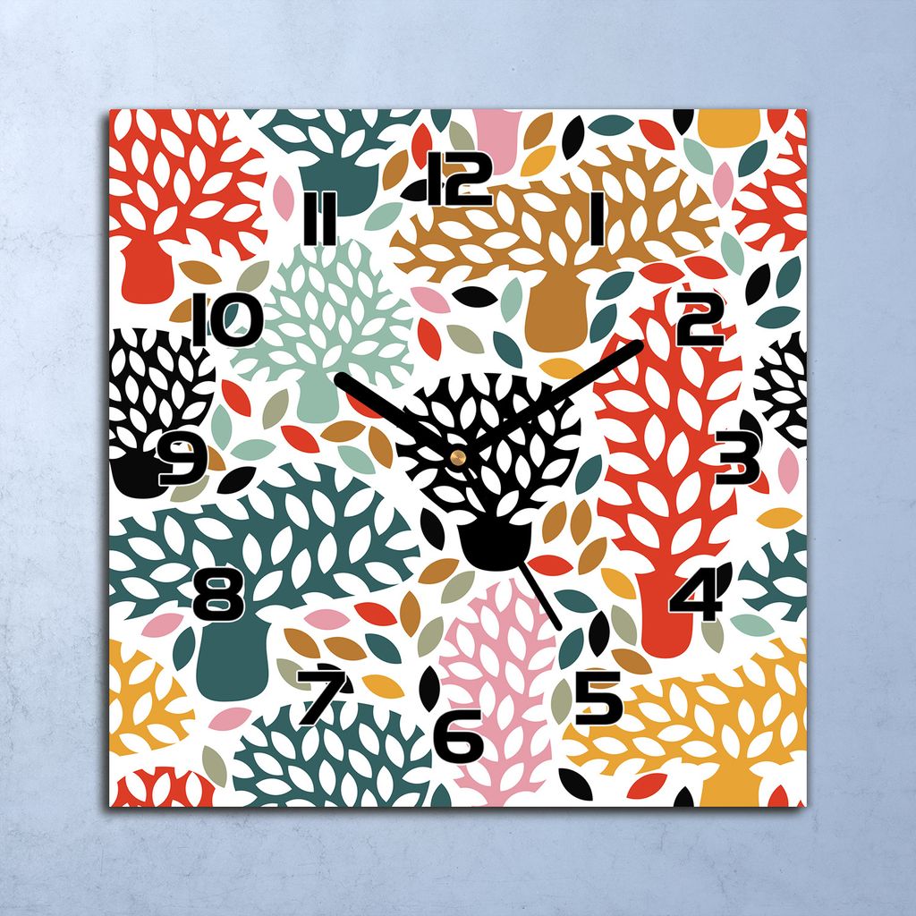 Wanduhr Echt-Glas-Küchenuhr Bäume rot und blau Quarz 30x30 Deko Bilder