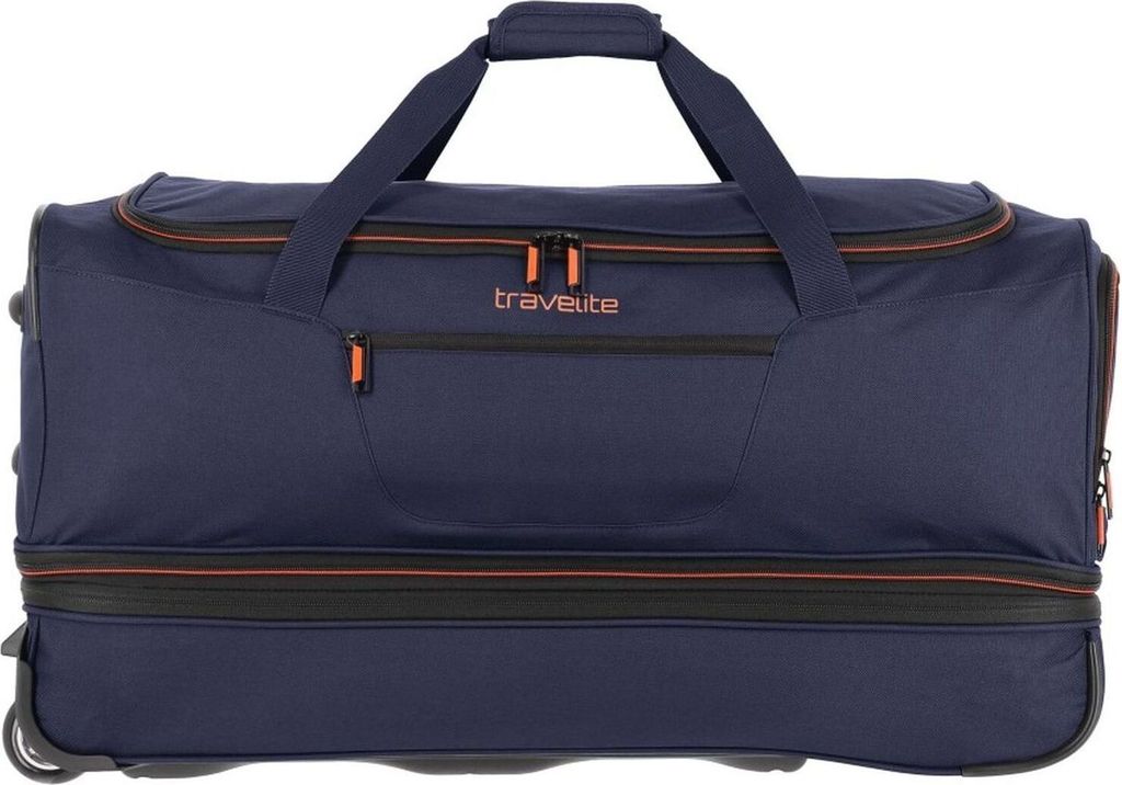 A navy blue Travelite trolley travel bag with orange accents.