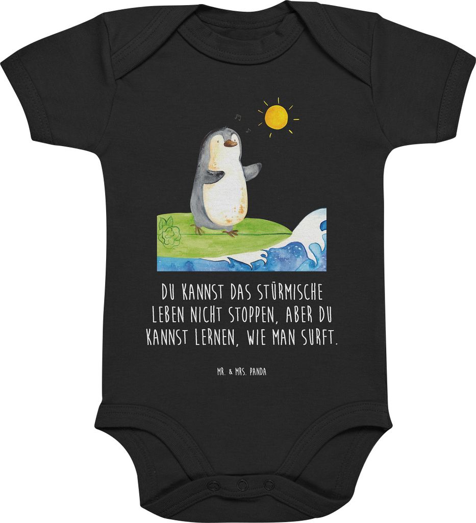 Mr. & Mrs. Panda Strampler Baby Pinguin Surfer 3. - 6. Monat - Schwarz - Geschenk, Urlaub, Hawaii, Babybody kurzarm, Portugal, Motiviert, Optimisti...