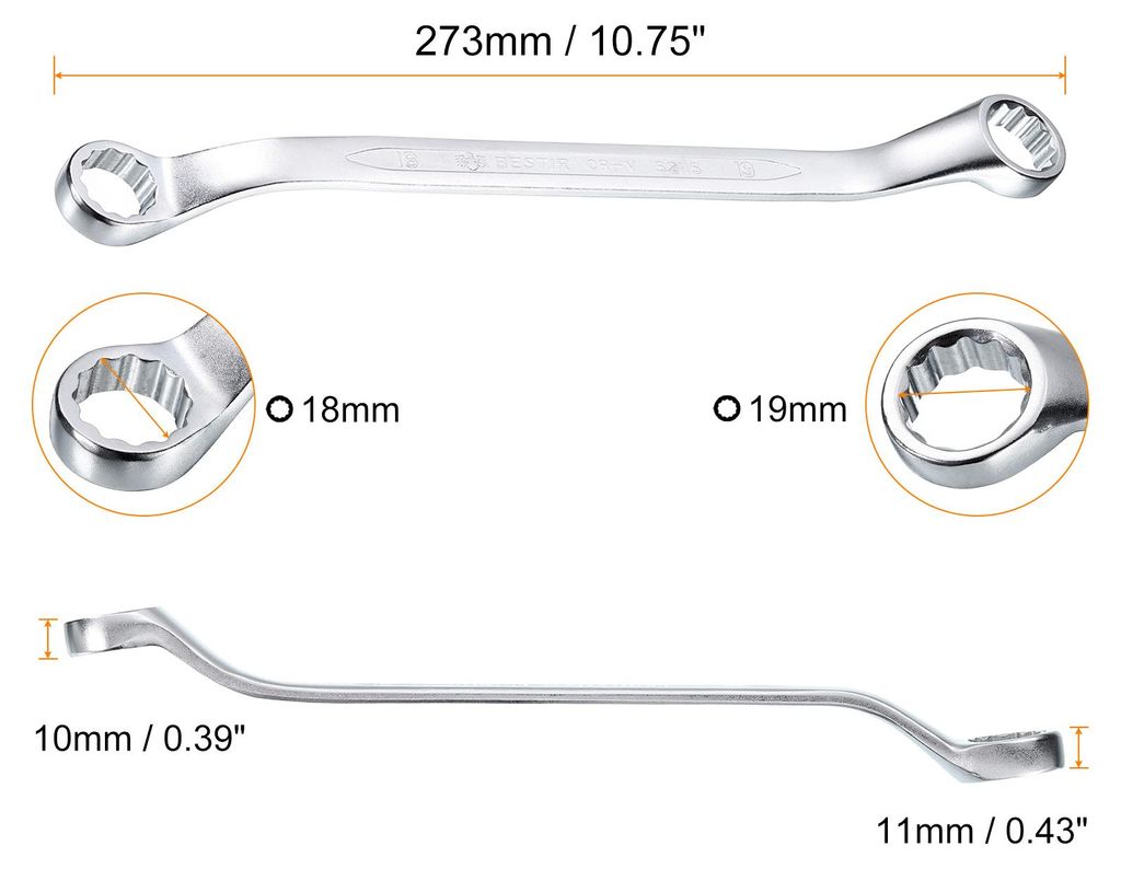 45 Grad Offset Doppel-Ringschlš¹ssel 18 mm x 19 mm, 12-Punkt-Metrischer CR-V-Doppelringschlš¹ssel aus Chrom-Vanadium-Stahl Langer fš¹r Automo...