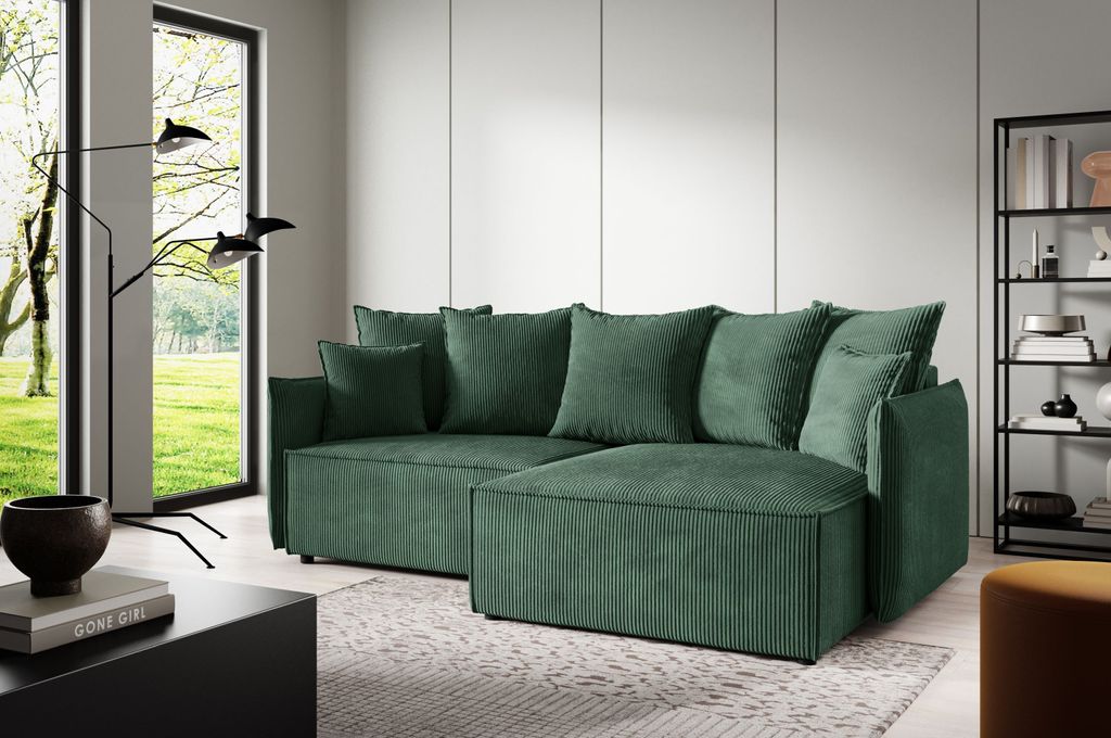 Ecksofas L-Form ANTONIO ABRIAMO POSSO 221x148x70 cm mit Schlaffunktion & Bettkästen, Eckarniutur / Couch in Cord-Bezug - Hellgrün