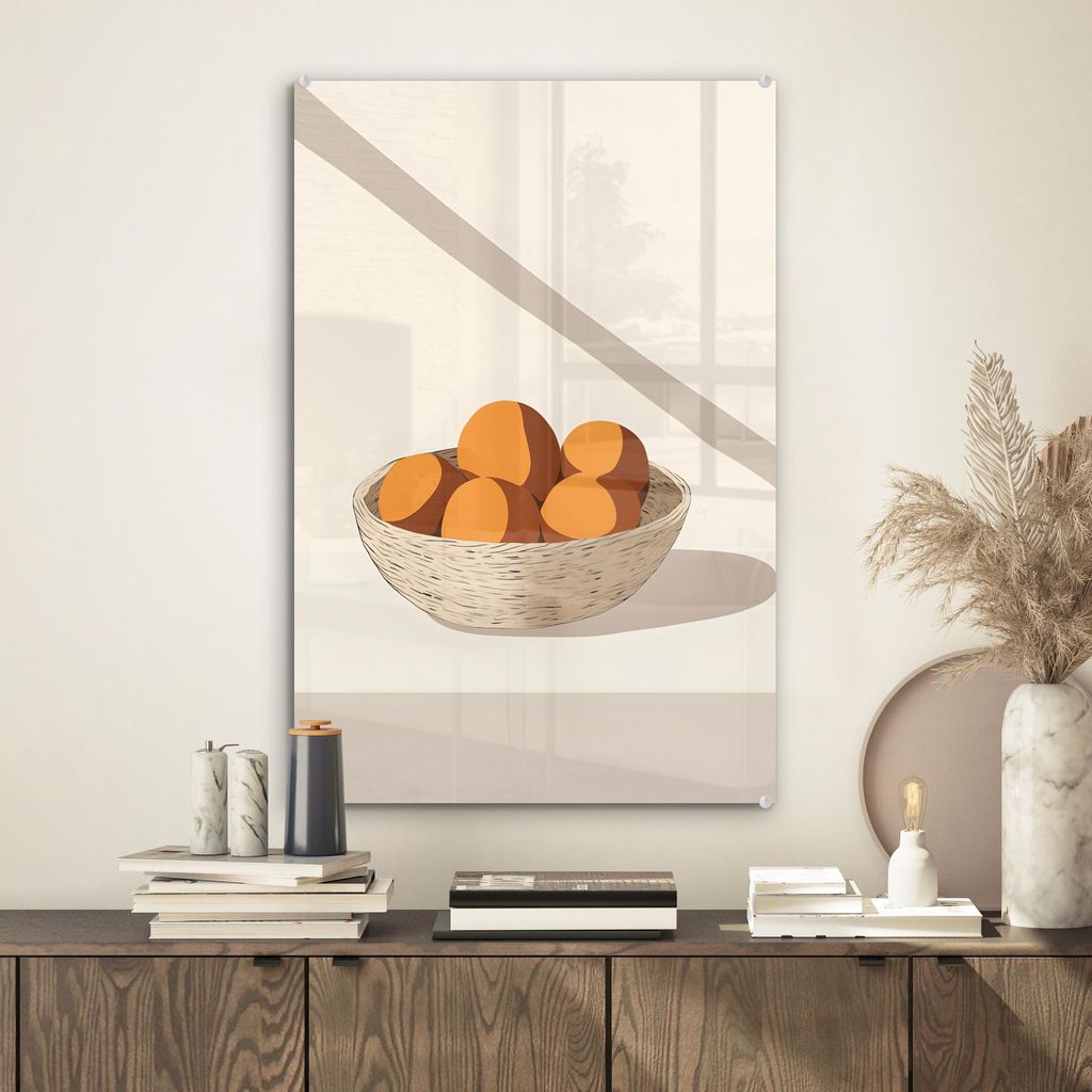 MuchoWow Glasbilder - Bilder auf Wandbild - Foto auf Glas Korb - Obst - Minimalistisch - Orange 40x60 cm Wanddekoration aus Glas - Acrylglasbild - ...