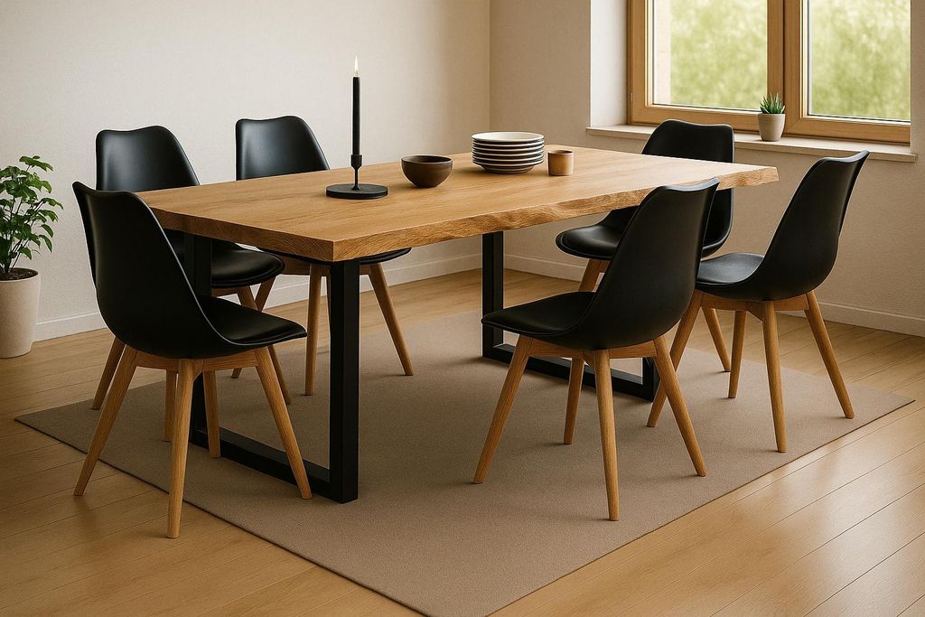 Tischgruppe 7tlg. 160 x 85 cm Baumkante Eiche massiv 6x Schalenstühle Schwarz U-Gestell Schwarz SERRA