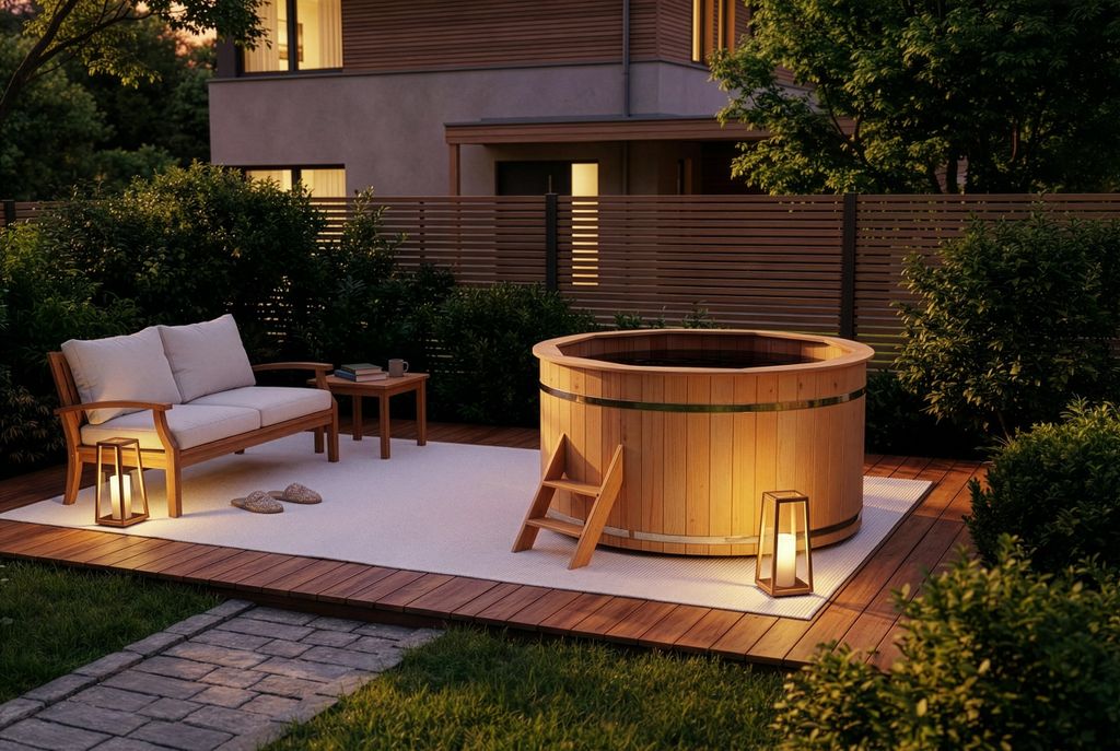 FinnTherm Holz Badefass Bergen, Hot Tub Ø 200 x 110 cm für 6-8 Personen, inkl. Einstiegsleiter & Sitzbänken