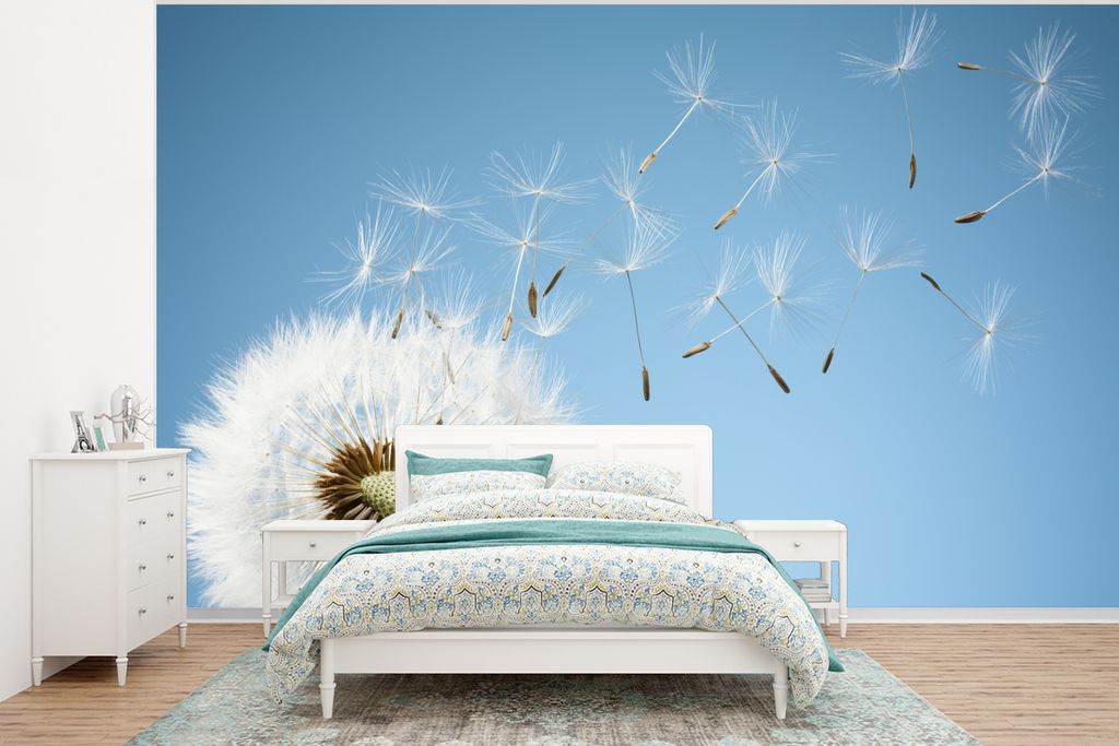 MuchoWow Fototapete für Wohnzimmer oder Schlafzimmer Wandtapete Vinyl Motivtapete Löwenzahn, dessen Samen weggeblasen werden - 295x220 cm - Wan...