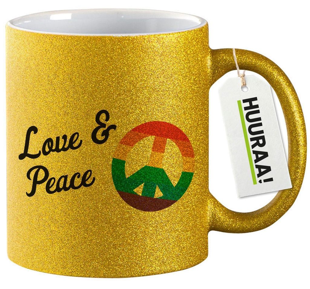 Huuraa Glitzertasse Love & Peace 330ml Gold Keramik Kaffeebecher Geschenkidee