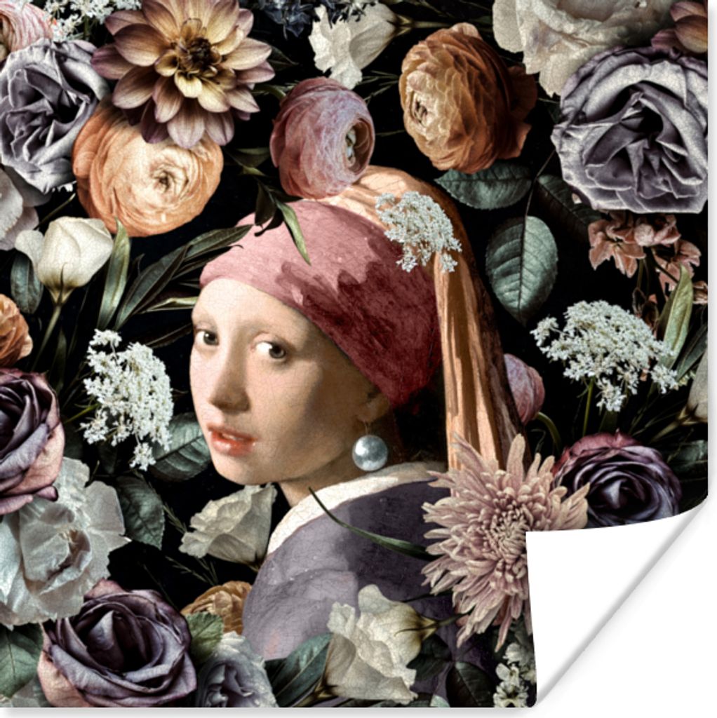 MuchoWow Poster Mädchen mit Perlenohrring - Blumen - Vermeer - Pastell - Kunstwerk - Gemälde - Alte Meister 75x75 cm - Wand Dekoration