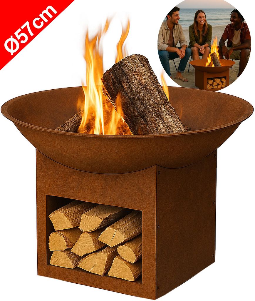 Feuerstelle mit Untergestell, Ø57cm, Feuerkorb für Garten & Terrasse, Lagerfeuer Feuerschale aus Metall - Rostoptik