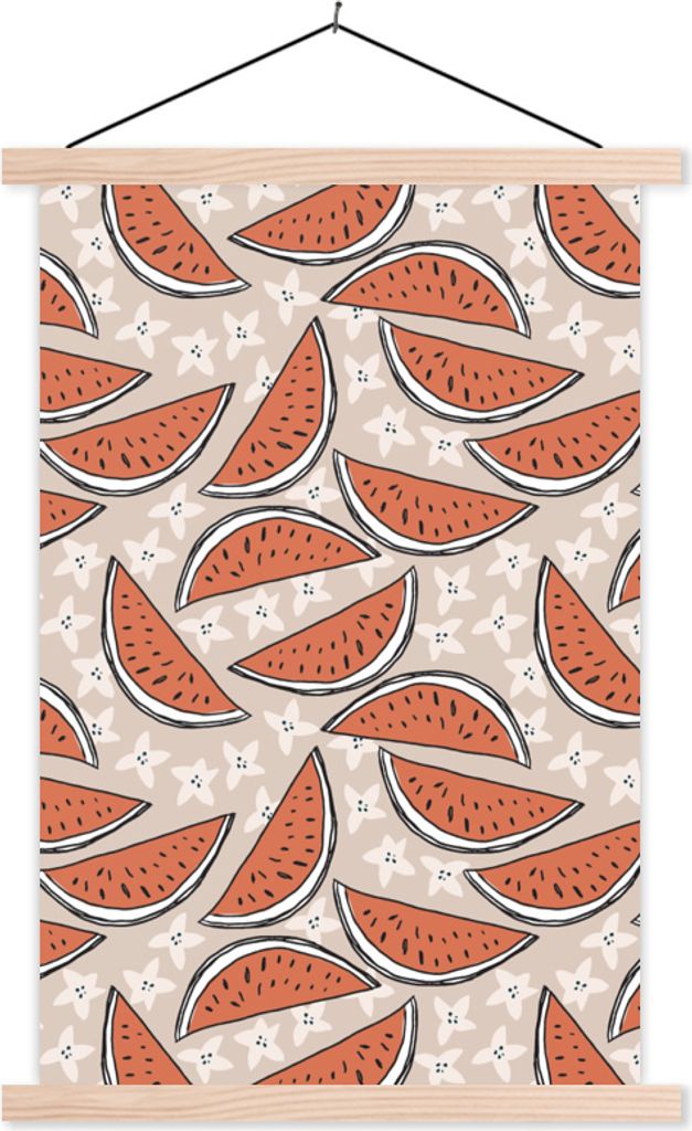 MuchoWow Textilposter Sommer - Wassermelonen - Sterne 40x60 cm mit holzfarbenen Rahmen - Poster