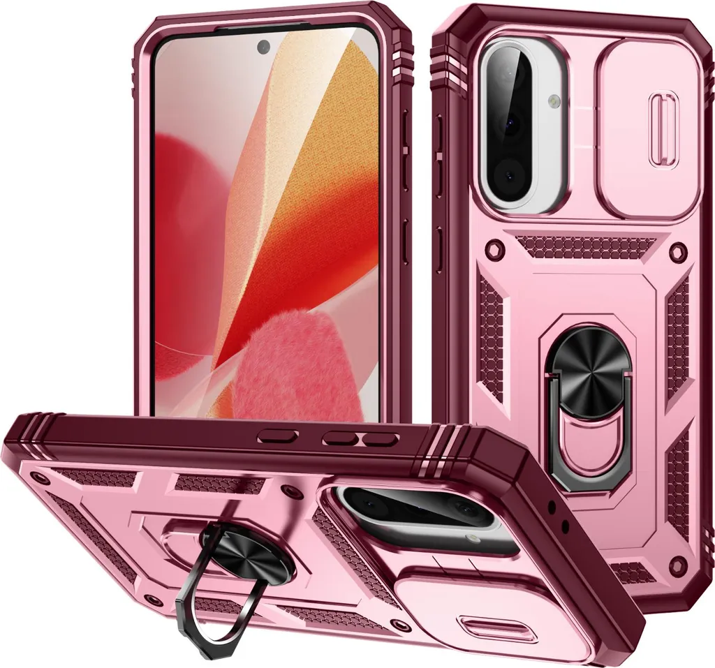 Custodia per Samsung Galaxy A56 protezione fotocamera scorrevole, resistente agli urti, con supporto ad anello, supporto e porta carte di credito rosso Rosa