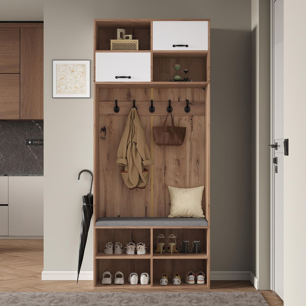 Flieks Schuhschrank mit Sitzkissen, Schuhkommode mit Haken, Schubladen und Offenen Staufächern, Garderobenset Flurgarderobe, 80x35x185cm Naturbela...