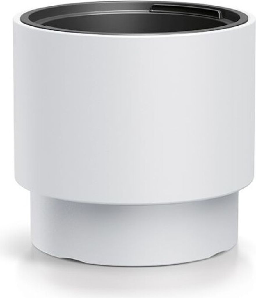 A white cylindrical planter with a black insert is shown against a white background.