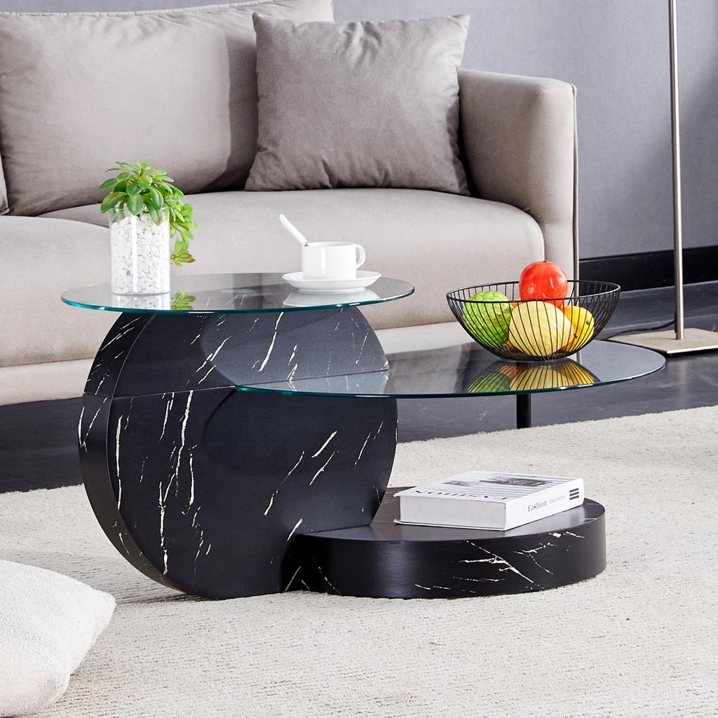 Moderner Couchtisch aus Sicherheitsglas, zweistöckig, schwarz, minimalistisch